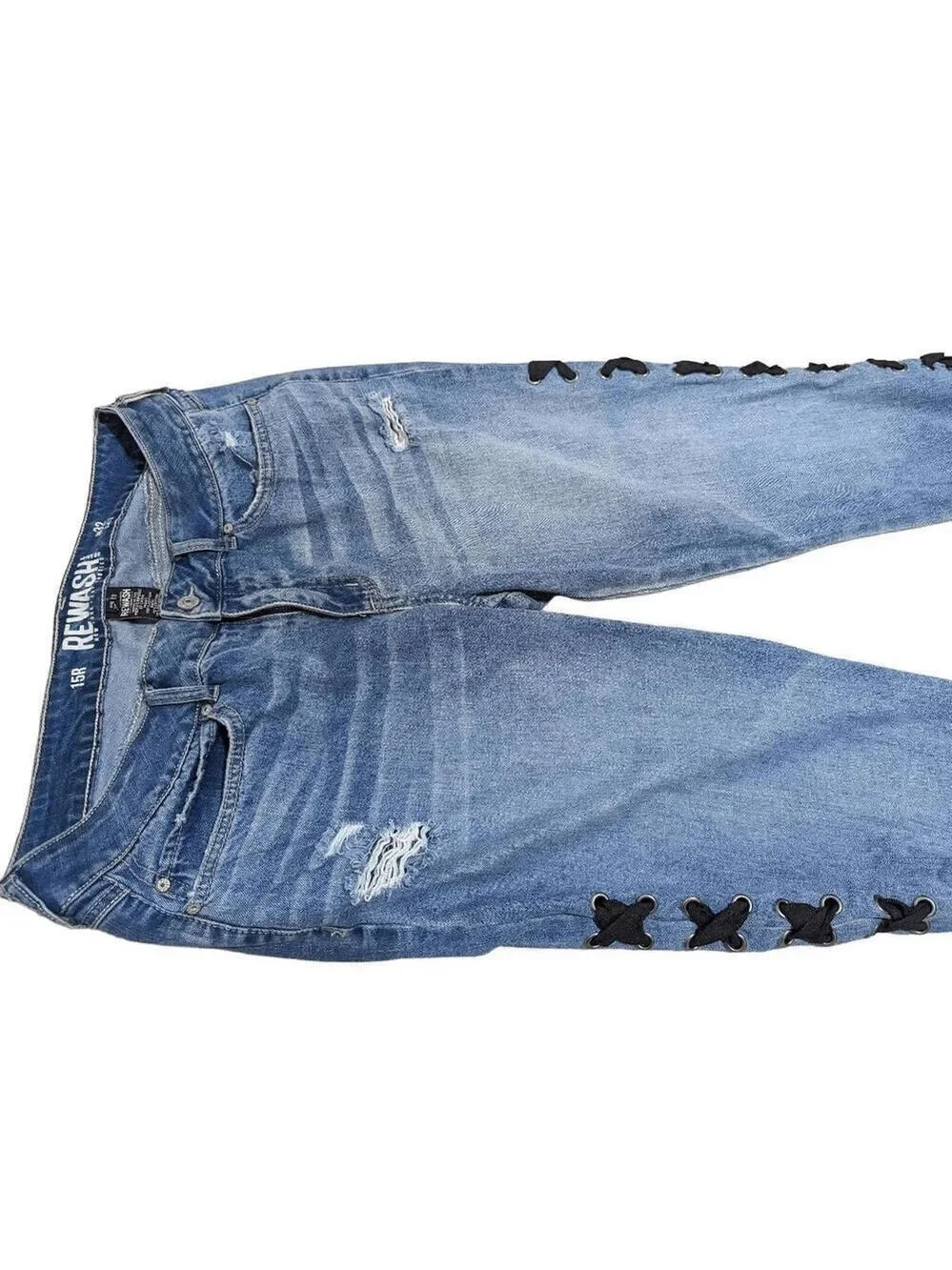 Rewash Women's Blue Ribbon Lace-Up Side Straight Distressed Jeans Size 15R